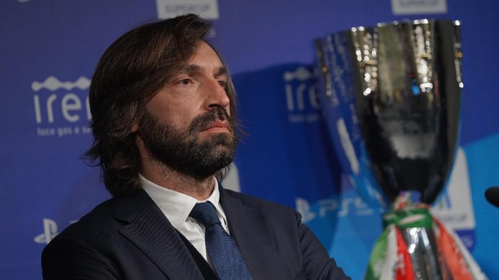 REGGIO NELLEMILIA, ITALY - JANUARY 19:  Head coach Andrea Pirlo speaks with the media during a Juventus Press Conference ahead of the Italian PS5 Supercup match between Juventus and SSC Napoli at Mapei Stadium - Citta del Tricolore on January 19, 2021 in Reggio nellEmilia, Italy.  (Photo by Claudio Villa/Getty Images)
