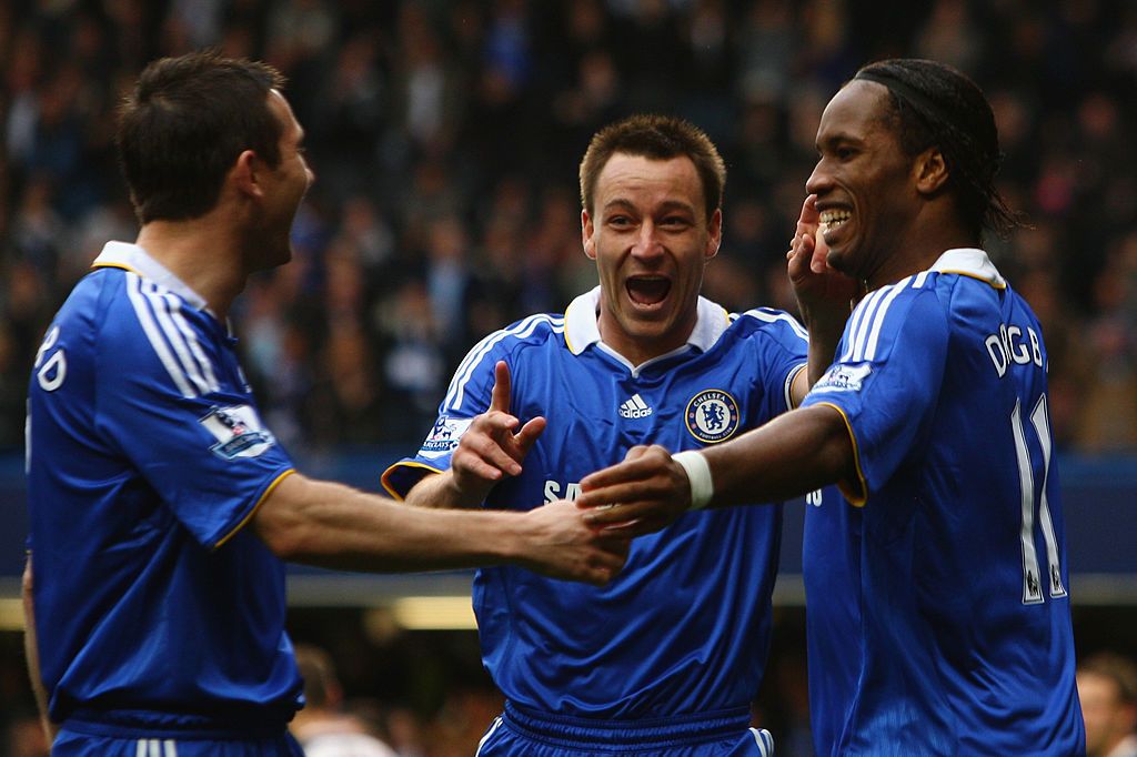 LONDON, ENGLAND - APRIL 11:  Frank Lampard, John Terry and Didier Drogba of Chelsea celebrate their team's second goal scored by Drogba during the Barclays Premier League match between Chelsea and Bolton Wanderers at Stamford Bridge on April 11, 2009 in London, England.  (Photo by Ian Walton/Getty Images)