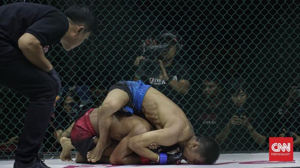 Lipsus MMA Wasit menyaksikan dua petarung dalam pertandingan MMA One Pride. Jakarta, Sabtu, 15 Februari 2020. CNNIndonesia/Adhi Wicaksono.