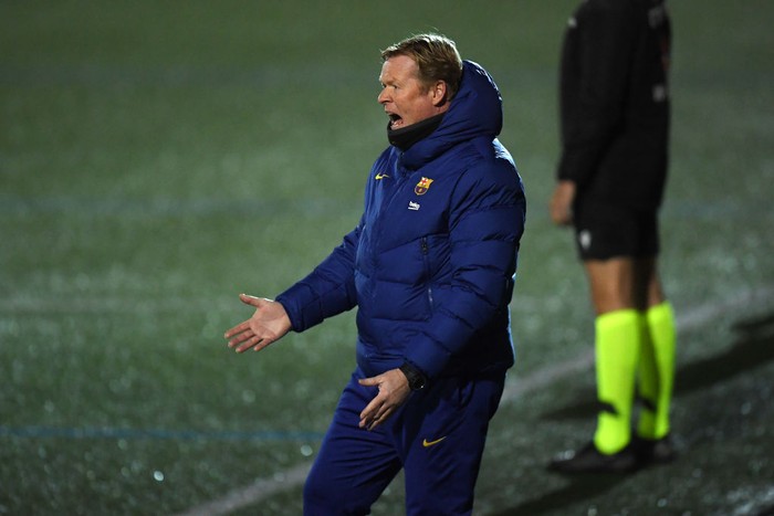 BARCELONA, SPAIN - JANUARY 21: Ronald Koeman, Manager of Barcelona reacts during the Copa del Rey match between Cornella and FC Barcelona on January 21, 2021 in Barcelona, Spain. Sporting stadiums around Spain remain under strict restrictions due to the Coronavirus Pandemic as Government social distancing laws prohibit fans inside venues resulting in games being played behind closed doors. (Photo by Alex Caparros/Getty Images)