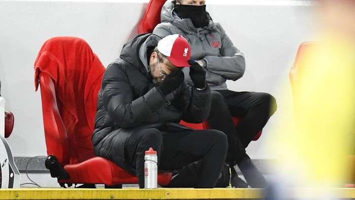 Liverpools manager Jurgen Klopp reacts during the English Premier League soccer match between Liverpool and Burnley in Liverpool, England, Thursday, Jan. 21, 2021.Burnley won the match 0-1.(Peter Powell/Pool via AP)