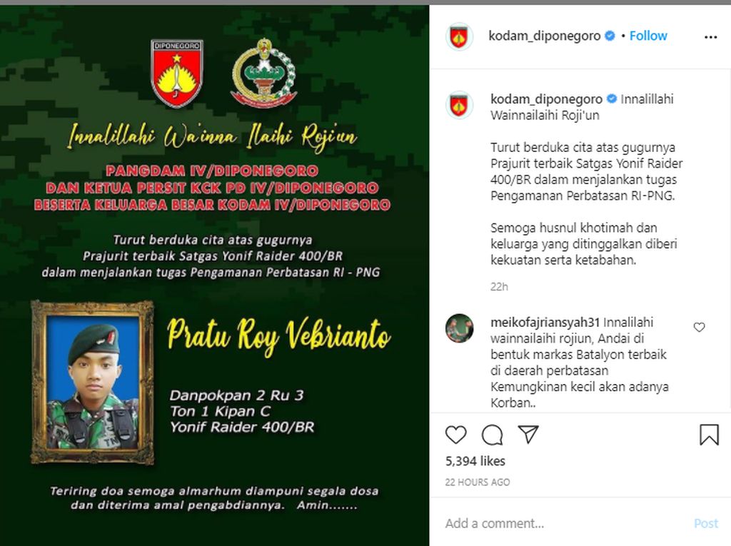 Kodam Diponegoro Berduka Prajuritnya Gugur Ditembak KKB di Papua