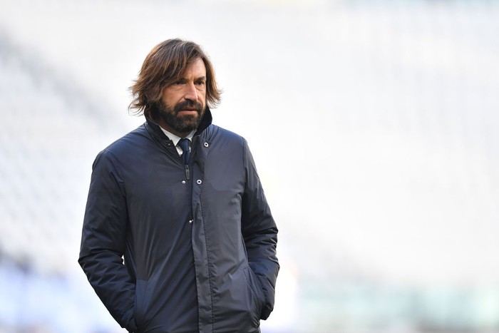 TURIN, ITALY - JANUARY 24:   Juventus head coach Andrea Pirlo looks on during the Serie A match between Juventus and Bologna FC at Allianz Stadium on January 24, 2021 in Turin, Italy.  (Photo by Valerio Pennicino/Getty Images )