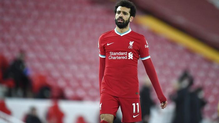 Mohamed Salah Liverpools Mohamed Salah walks dejected following the English Premier League soccer match between Liverpool and Burnley in Liverpool, England, Thursday, Jan. 21, 2021. Burnley won the match 0-1.(Peter Powell/Pool via AP)