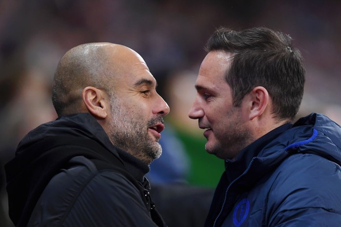 MANCHESTER, ENGLAND - NOVEMBER 23: Frank Lampard, Manager of Chelsea embraces Pep Guardiola, Manager of Manchester City prior to the Premier League match between Manchester City and Chelsea FC at Etihad Stadium on November 23, 2019 in Manchester, United Kingdom. (Photo by Laurence Griffiths/Getty Images)