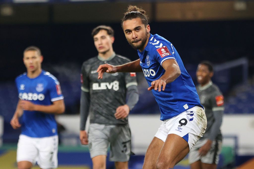 LIVERPOOL, ENGLAND - JANUARY 24: Dominic Calvert-Lewin of Everton celebrates after scoring their team's first goal during the Emirates FA Cup Fourth Round match between Everton and Sheffield Wednesday at Goodison Park on January 24, 2021 in Liverpool, England. Sporting stadiums around the UK remain under strict restrictions due to the Coronavirus Pandemic as Government social distancing laws prohibit fans inside venues resulting in games being played behind closed doors. (Photo by Clive Brunskill/Getty Images)