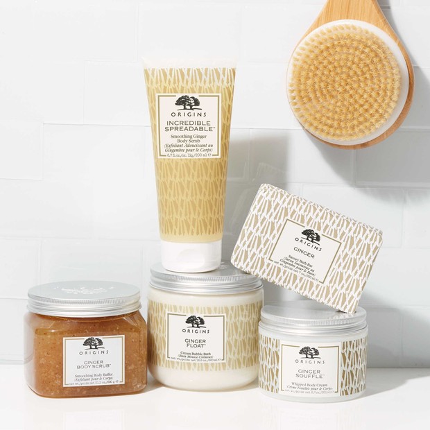 Origins memiliki serangkaian produk yang mengandung jahe, seperti bosy wash, body scrub, bath bar
