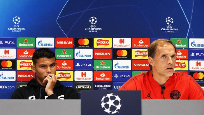 Thomas Tuchel Thiago Silva during a Paris Saint-Germain Training Session at Anfield on September 17, 2018 in Liverpool, England.
