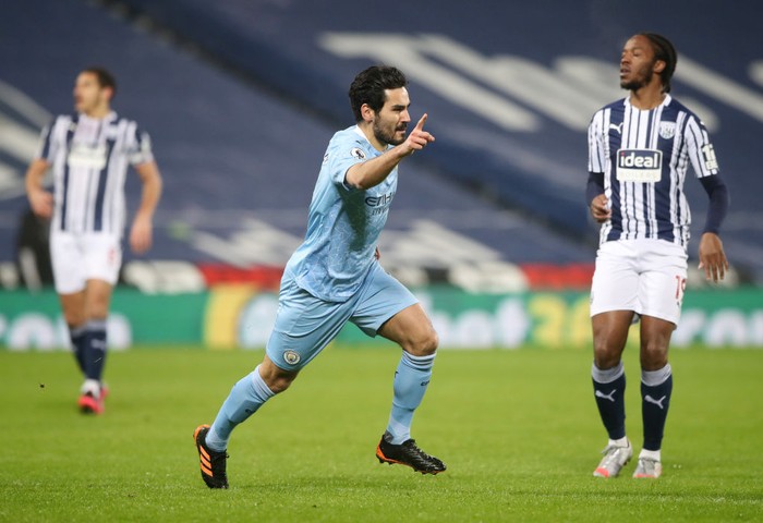 WEST BROMWICH, ENGLAND - JANUARY 26: Ilkay Guendogan of Manchester City celebrates after scoring their teams firs goal  during the Premier League match between West Bromwich Albion and Manchester City at The Hawthorns on January 26, 2021 in West Bromwich, England. Sporting stadiums around the UK remain under strict restrictions due to the Coronavirus Pandemic as Government social distancing laws prohibit fans inside venues resulting in games being played behind closed doors. (Photo by Nick Potts - Pool/Getty Images)