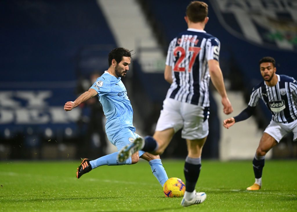 WEST BROMWICH, ENGLAND - JANUARY 26: Ilkay Guendogan of Manchester City celebrates after scoring their team's firs goal  during the Premier League match between West Bromwich Albion and Manchester City at The Hawthorns on January 26, 2021 in West Bromwich, England. Sporting stadiums around the UK remain under strict restrictions due to the Coronavirus Pandemic as Government social distancing laws prohibit fans inside venues resulting in games being played behind closed doors. (Photo by Nick Potts - Pool/Getty Images)