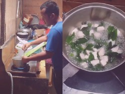 Suami Tabah Masak di Tengah Banjir untuk Istri yang Baru Melahirkan
