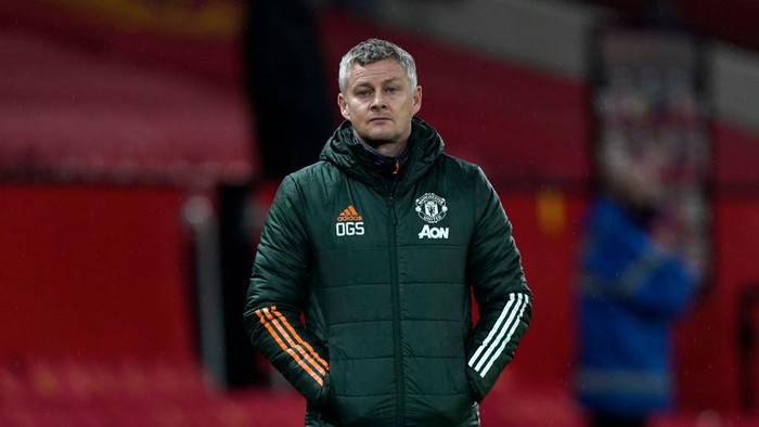 MANCHESTER, ENGLAND - JANUARY 27: Ole Gunnar Solskjaer, Manager of Manchester United reacts during the Premier League match between Manchester United and Sheffield United at Old Trafford on January 27, 2021 in Manchester, England. Sporting stadiums around the UK remain under strict restrictions due to the Coronavirus Pandemic as Government social distancing laws prohibit fans inside venues resulting in games being played behind closed doors. (Photo by Tim Keeton -