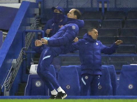 Chelsea's head coach Thomas Tuchel reacts during the English Premier League soccer match between Chelsea and Wolverhampton Wanderers at Stamford Bridge Stadium in London, England, Wednesday, Jan. 27, 2021. (Richard Heathcote/Pool via AP)