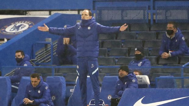 Chelsea's new head coach Thomas Tuchel reacts during the English Premier League soccer match between Chelsea and Wolverhampton Wanderers at Stamford Bridge Stadium in London, England, Wednesday, Jan. 27, 2021. (AP Photo/Frank Augstein)