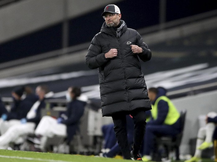 Liverpools manager Jurgen Klopp celebrates after his team scored during the English Premier League soccer match between Tottenham Hotspur and Liverpool at the Tottenham Hotspur Stadium in London, Thursday, Jan. 28, 2021. (Nick Potts/Pool via AP)
