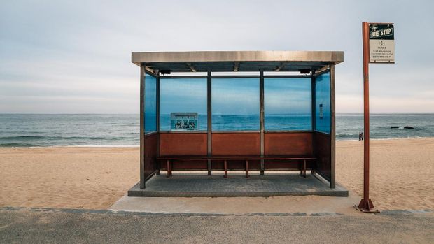 Jumunjin Beach Gangneung, Korea - December 9, 2020 : Hyangho Beach Bus Stop