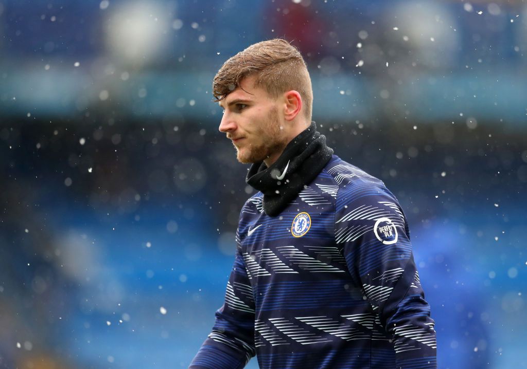 LONDON, ENGLAND - JANUARY 24: Timo Werner of Chelsea  warms up ahead of The Emirates FA Cup Fourth Round match between Chelsea and Luton Town at Stamford Bridge on January 24, 2021 in London, England. Sporting stadiums around the UK remain under strict restrictions due to the Coronavirus Pandemic as Government social distancing laws prohibit fans inside venues resulting in games being played behind closed doors. (Photo by Catherine Ivill/Getty Images)