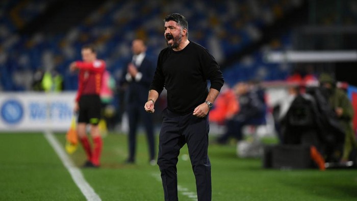 NAPLES, ITALY - JANUARY 31: Gennaro Gattuso, head coach of Napoli reacts during the Serie A match between SSC Napoli  and Parma Calcio at Stadio Diego Armando Maradona on January 31, 2021 in Naples, Italy. Sporting stadiums around Italy remain under strict restrictions due to the Coronavirus Pandemic as Government social distancing laws prohibit fans inside venues resulting in games being played behind closed doors. (Photo by Francesco Pecoraro/Getty Images )