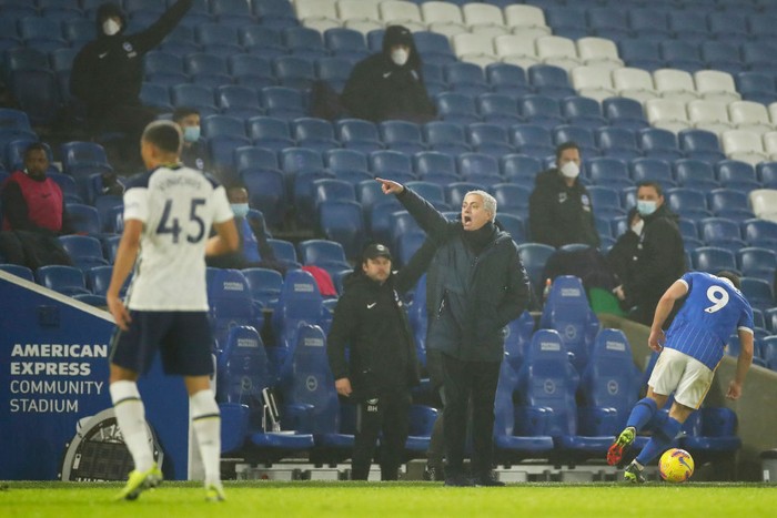 BRIGHTON, ENGLAND - JANUARY 31: Jose Mourinho, Manager of Tottenham Hotspur reacts during the Premier League match between Brighton & Hove Albion and Tottenham Hotspur at American Express Community Stadium on January 31, 2021 in Brighton, England. Sporting stadiums around the UK remain under strict restrictions due to the Coronavirus Pandemic as Government social distancing laws prohibit fans inside venues resulting in games being played behind closed doors. (Photo by Andrew Boyers - Pool/Getty Images)