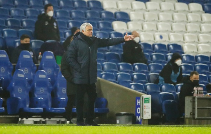 BRIGHTON, ENGLAND - JANUARY 31: Jose Mourinho, Manager of Tottenham Hotspur reacts during the Premier League match between Brighton & Hove Albion and Tottenham Hotspur at American Express Community Stadium on January 31, 2021 in Brighton, England. Sporting stadiums around the UK remain under strict restrictions due to the Coronavirus Pandemic as Government social distancing laws prohibit fans inside venues resulting in games being played behind closed doors. (Photo by Andrew Boyers - Pool/Getty Images)