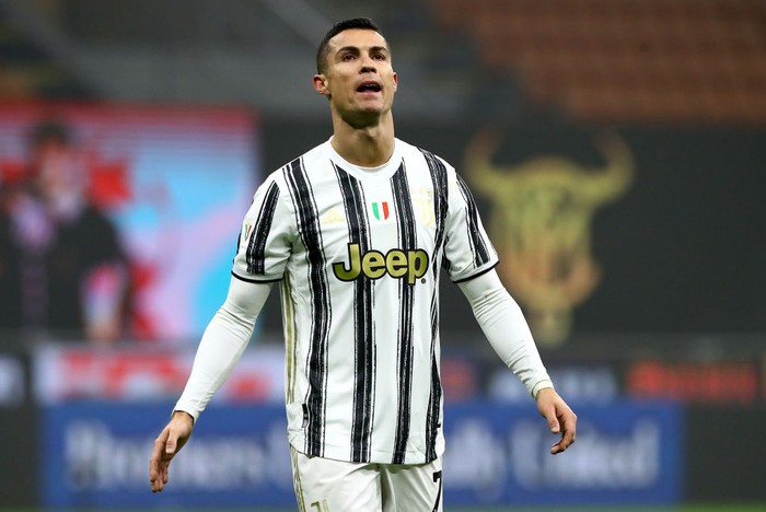 MILAN, ITALY - FEBRUARY 02: Cristiano Ronaldo of Juventus looks on during the Coppa Italia semi-final match between FC Internazionale and Juventus at Stadio Giuseppe Meazza on February 02, 2021 in Milan, Italy. Sporting stadiums around Italy remain under strict restrictions due to the Coronavirus Pandemic as Government social distancing laws prohibit fans inside venues resulting in games being played behind closed doors. (Photo by Marco Luzzani/Getty Images)