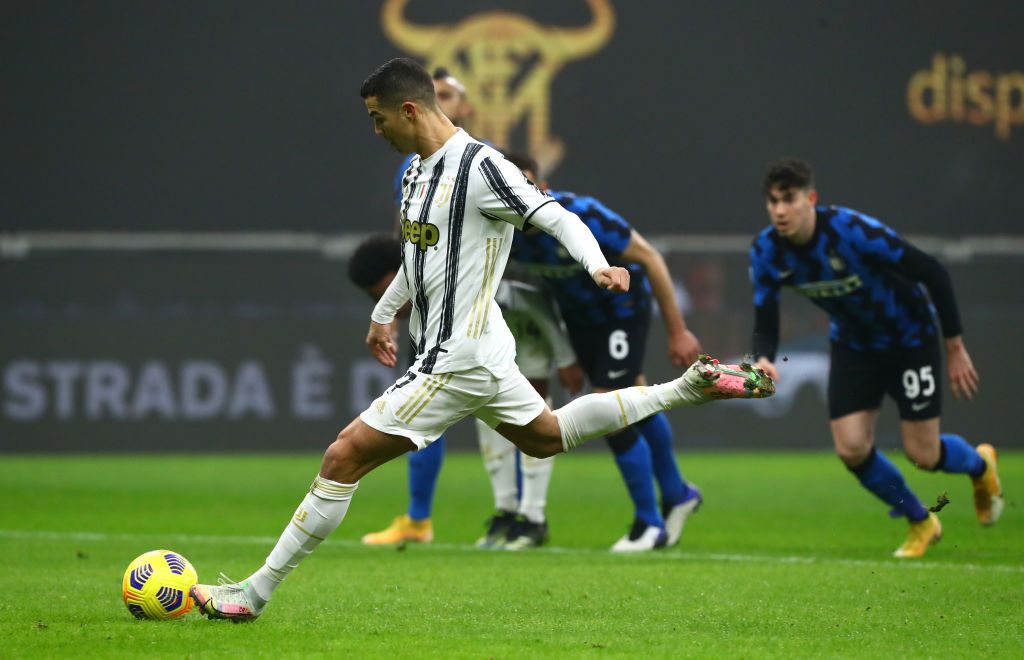 MILAN, ITALY - FEBRUARY 02: Cristiano Ronaldo of Juventus looks on during the Coppa Italia semi-final match between FC Internazionale and Juventus at Stadio Giuseppe Meazza on February 02, 2021 in Milan, Italy. Sporting stadiums around Italy remain under strict restrictions due to the Coronavirus Pandemic as Government social distancing laws prohibit fans inside venues resulting in games being played behind closed doors. (Photo by Marco Luzzani/Getty Images)