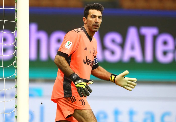 MILAN, ITALY - FEBRUARY 02: Gianluigi Buffon of Juventus looks on  during the Coppa Italia semi-final match between FC Internazionale and Juventus at Stadio Giuseppe Meazza on February 02, 2021 in Milan, Italy. Sporting stadiums around Italy remain under strict restrictions due to the Coronavirus Pandemic as Government social distancing laws prohibit fans inside venues resulting in games being played behind closed doors. (Photo by Marco Luzzani/Getty Images)