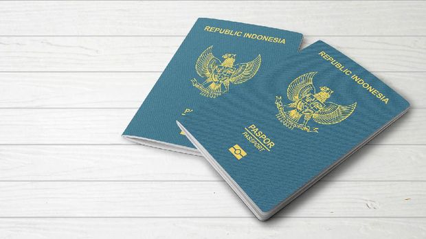 Banner design created with copy space including double passport image on wood background