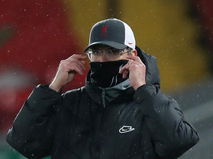 LIVERPOOL, ENGLAND - FEBRUARY 03: Liverpools manager Jurgen Klopp reacts during the Premier League match between Liverpool and Brighton & Hove Albion at Anfield on February 03, 2021 in Liverpool, England. Sporting stadiums around the UK remain under strict restrictions due to the Coronavirus Pandemic as Government social distancing laws prohibit fans inside venues resulting in games being played behind closed doors. (Photo by Clive Brunskill/Getty Images)