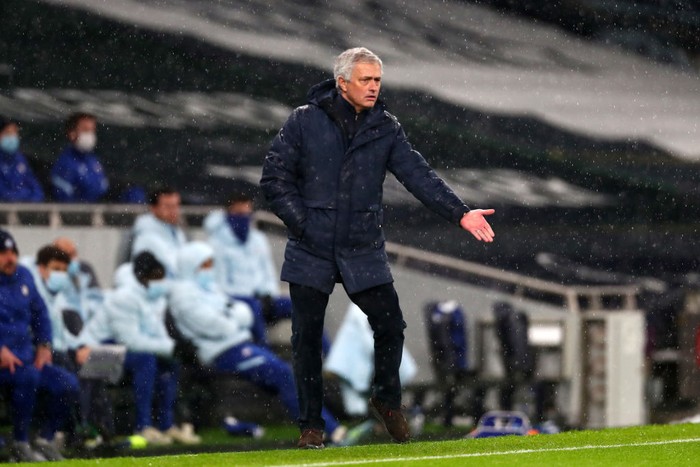 LONDON, ENGLAND - FEBRUARY 04: Jose Mourinho, Manager of Tottenham Hotspur reacts during the Premier League match between Tottenham Hotspur and Chelsea at Tottenham Hotspur Stadium on February 04, 2021 in London, England. Sporting stadiums around the UK remain under strict restrictions due to the Coronavirus Pandemic as Government social distancing laws prohibit fans inside venues resulting in games being played behind closed doors. (Photo by Clive Rose/Getty Images)