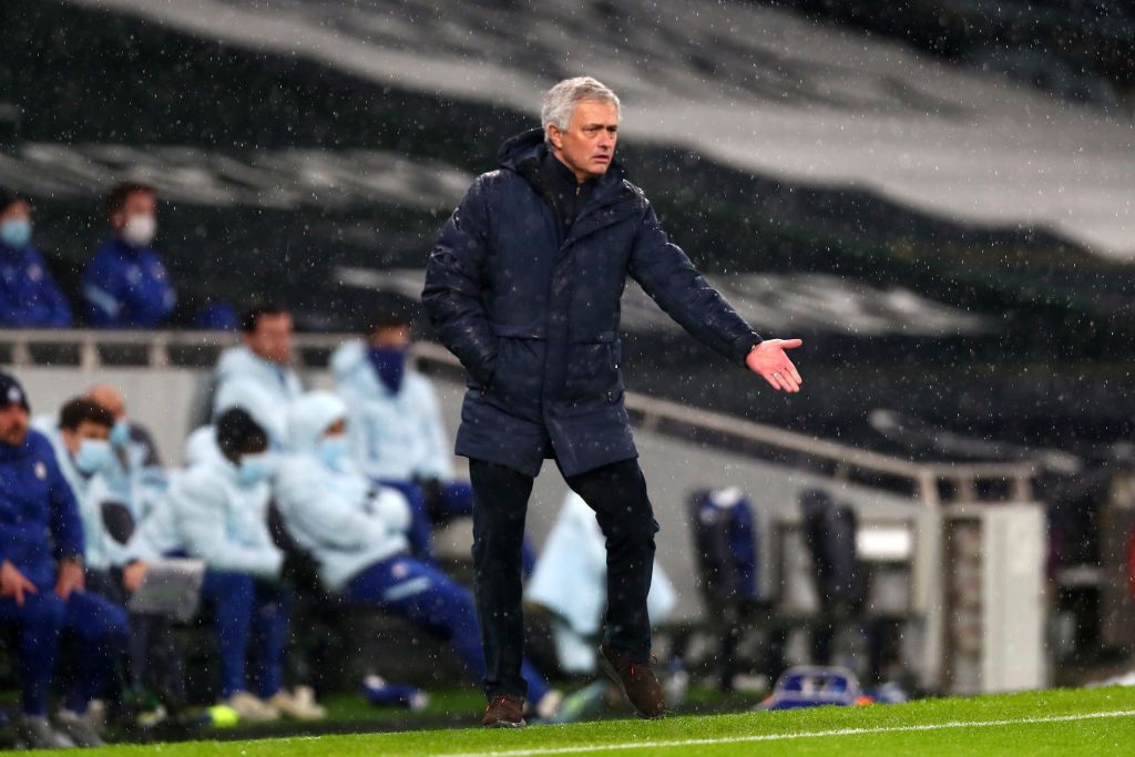 LONDON, ENGLAND - FEBRUARY 04: Jose Mourinho, Manager of Tottenham Hotspur reacts during the Premier League match between Tottenham Hotspur and Chelsea at Tottenham Hotspur Stadium on February 04, 2021 in London, England. Sporting stadiums around the UK remain under strict restrictions due to the Coronavirus Pandemic as Government social distancing laws prohibit fans inside venues resulting in games being played behind closed doors. (Photo by Clive Rose/Getty Images)