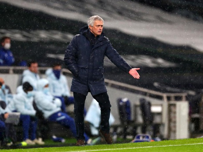 LONDON, ENGLAND - FEBRUARY 04: Jose Mourinho, Manager of Tottenham Hotspur reacts during the Premier League match between Tottenham Hotspur and Chelsea at Tottenham Hotspur Stadium on February 04, 2021 in London, England. Sporting stadiums around the UK remain under strict restrictions due to the Coronavirus Pandemic as Government social distancing laws prohibit fans inside venues resulting in games being played behind closed doors. (Photo by Clive Rose/Getty Images)