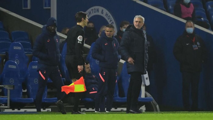 BRIGHTON, ENGLAND - JANUARY 31: Jose Mourinho, Manager of Tottenham Hotspur reacts during the Premier League match between Brighton & Hove Albion and Tottenham Hotspur at American Express Community Stadium on January 31, 2021 in Brighton, England. Sporting stadiums around the UK remain under strict restrictions due to the Coronavirus Pandemic as Government social distancing laws prohibit fans inside venues resulting in games being played behind closed doors. (Photo by Mike Hewitt/Getty Images)