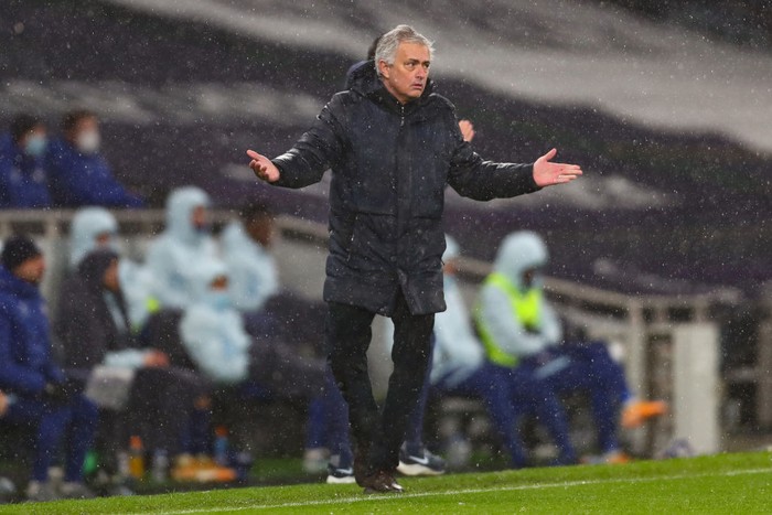LONDON, ENGLAND - FEBRUARY 04: Jose Mourinho, Manager of Tottenham Hotspur reacts during the Premier League match between Tottenham Hotspur and Chelsea at Tottenham Hotspur Stadium on February 04, 2021 in London, England. Sporting stadiums around the UK remain under strict restrictions due to the Coronavirus Pandemic as Government social distancing laws prohibit fans inside venues resulting in games being played behind closed doors. (Photo by Clive Rose/Getty Images)