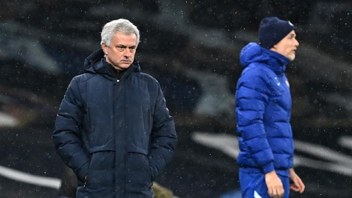 LONDON, ENGLAND - FEBRUARY 04: Jose Mourinho, Manager of Tottenham Hotspur looks on during the Premier League match between Tottenham Hotspur and Chelsea at Tottenham Hotspur Stadium on February 04, 2021 in London, England. Sporting stadiums around the UK remain under strict restrictions due to the Coronavirus Pandemic as Government social distancing laws prohibit fans inside venues resulting in games being played behind closed doors. (Photo by Neil Hall - Pool/Getty Images)
