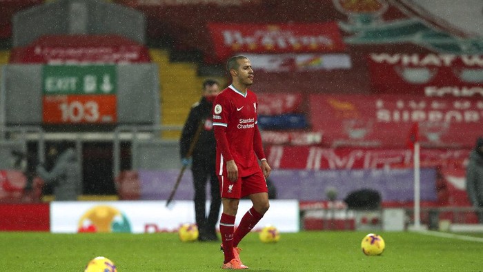 Liverpools Thiago leaves the pitch at the end of the English Premier League soccer match between Liverpool and Brighton at Anfield stadium, in Liverpool, England, Wednesday, Feb. 3, 2021. Brighton won 1-0. (Clive Brunskill/Pool via AP)
