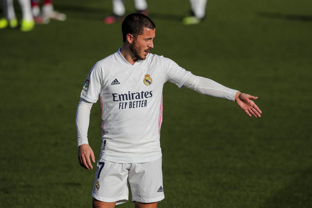 Real Madrid's Eden Hazard gestures during the Spanish La Liga soccer match between Real Madrid and Levante at the Alfredo Di Stefano stadium in Madrid, Spain, Saturday, Jan. 30, 2021. (AP Photo/Manu Fernandez)