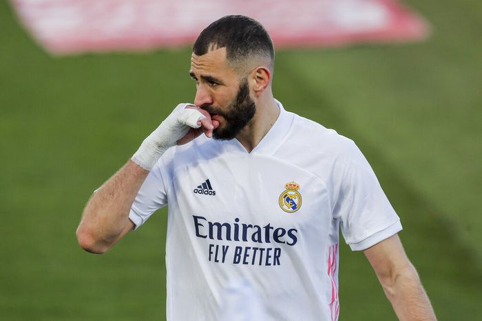 Karim Benzema Real Madrids Karim Benzema gesturess during the Spanish La Liga soccer match between Real Madrid and Levante at the Alfredo Di Stefano stadium in Madrid, Spain, Saturday, Jan. 30, 2021. (AP Photo/Manu Fernandez)