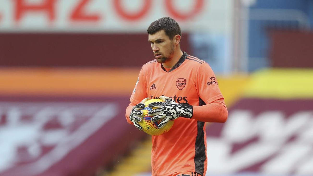 Mathew Ryan, kiper Arsenal, kebobolan di detik ke-74 laga Aston Villa vs Arsenal. (Foto: Cath Ivill, Pool via AP)