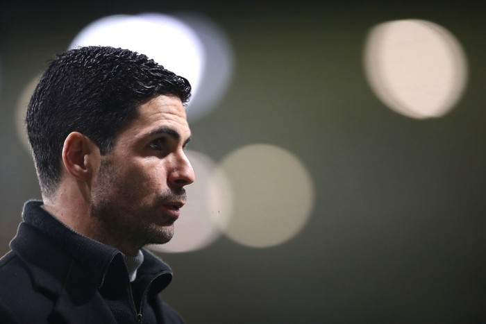 WOLVERHAMPTON, ENGLAND - FEBRUARY 02: Mikel Arteta, Manager of Arsenal looks on after the Premier League match between Wolverhampton Wanderers and Arsenal at Molineux on February 02, 2021 in Wolverhampton, England. Sporting stadiums around the UK remain under strict restrictions due to the Coronavirus Pandemic as Government social distancing laws prohibit fans inside venues resulting in games being played behind closed doors. (Photo by Nick Potts - Pool/Getty Images)