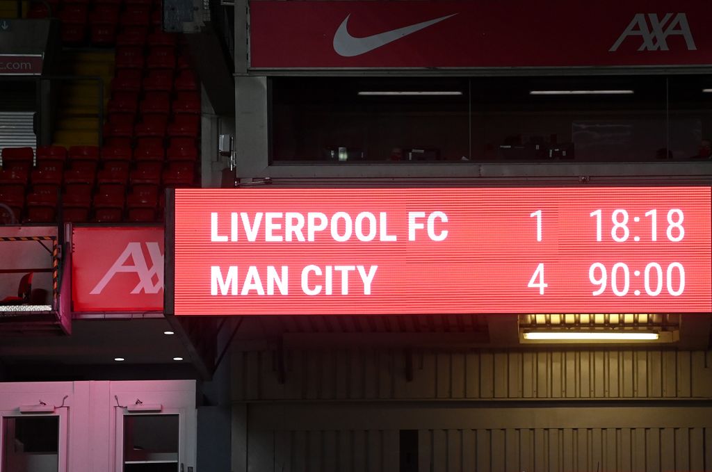 LIVERPOOL, ENGLAND - FEBRUARY 07: A general view of the scoreboard showing the match result during the Premier League match between Liverpool and Manchester City at Anfield on February 07, 2021 in Liverpool, England. Sporting stadiums around the UK remain under strict restrictions due to the Coronavirus Pandemic as Government social distancing laws prohibit fans inside venues resulting in games being played behind closed doors. (Photo by Laurence Griffiths/Getty Images)