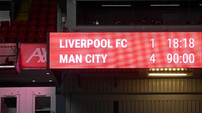 LIVERPOOL, ENGLAND - FEBRUARY 07: A general view of the scoreboard showing the match result during the Premier League match between Liverpool and Manchester City at Anfield on February 07, 2021 in Liverpool, England. Sporting stadiums around the UK remain under strict restrictions due to the Coronavirus Pandemic as Government social distancing laws prohibit fans inside venues resulting in games being played behind closed doors. (Photo by Laurence Griffiths/Getty Images)
