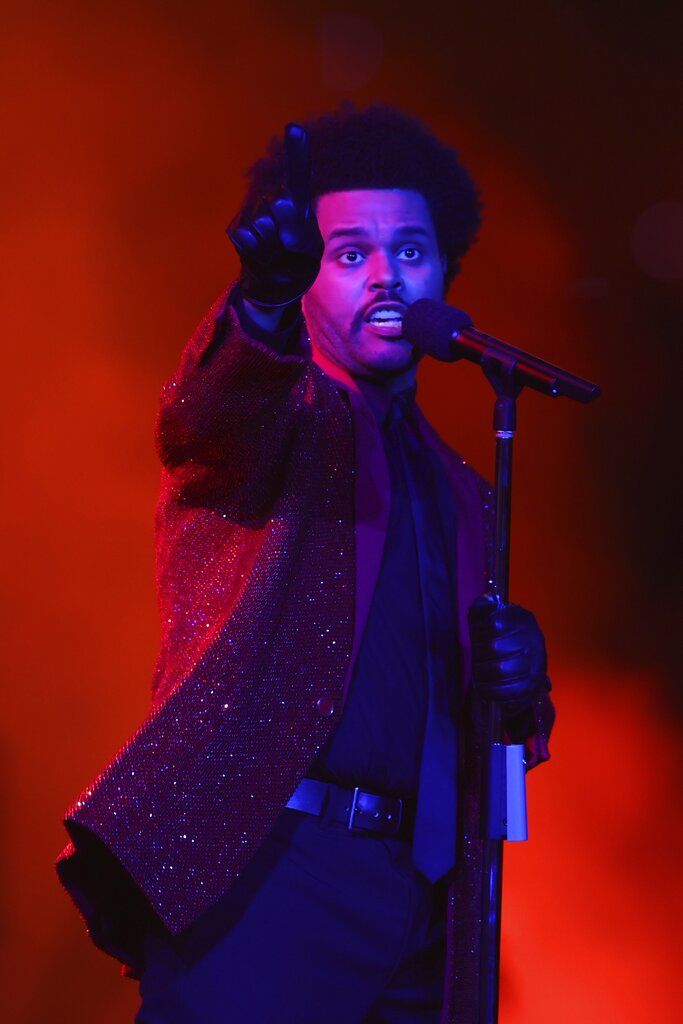 The Weeknd performs performs during halftime of the NFL Super Bowl 55 football game between the Kansas City Chiefs and Tampa Bay Buccaneers, Sunday, Feb. 7, 2021, in Tampa, Fla. (AP Photo/Mark LoMoglio)