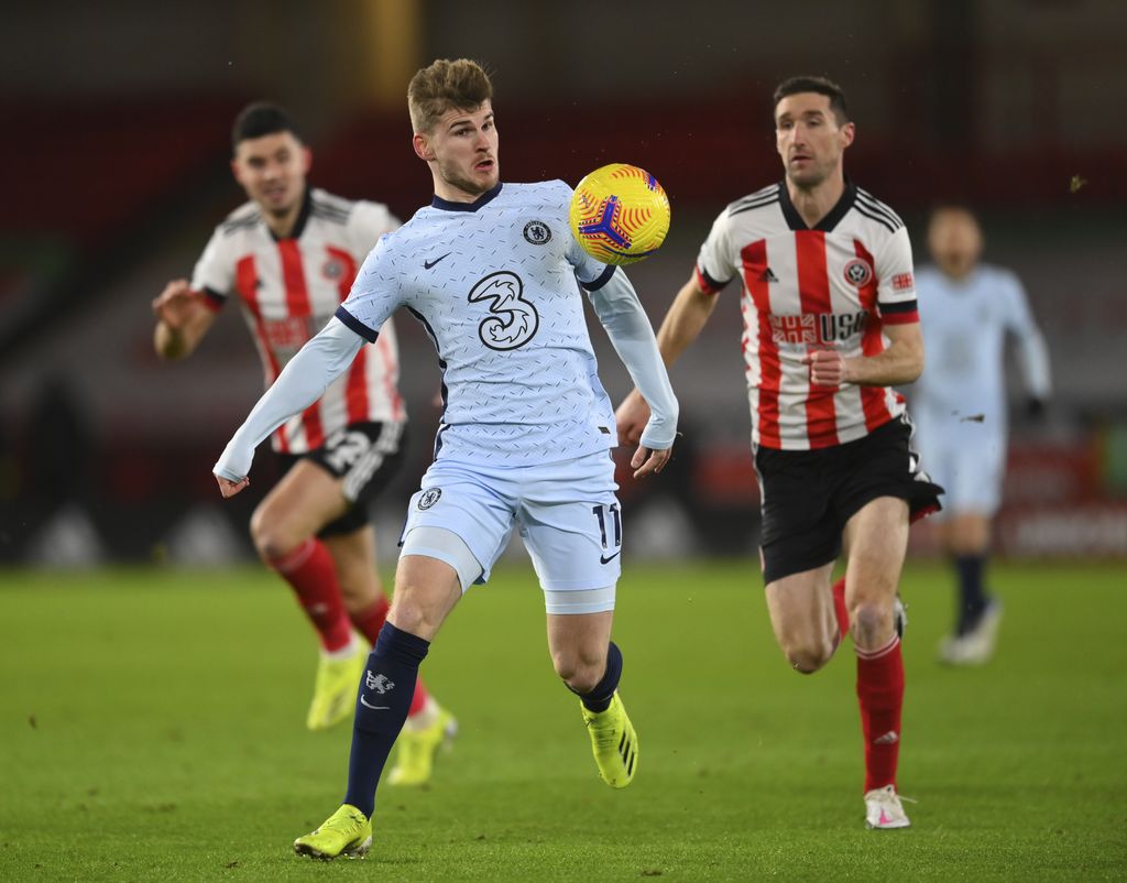 Chelsea's Timo Werner controls the ball during the English Premier League soccer match between Sheffield United and Chelsea at Bramall Lane stadium in Sheffield, England, Sunday, Feb. 7, 2021. (Clive Mason/ Pool via AP)