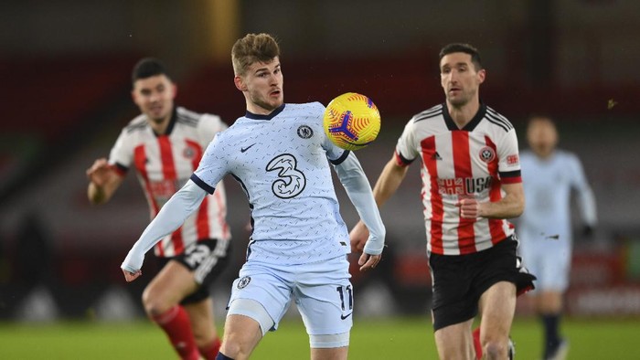 Chelseas Timo Werner controls the ball during the English Premier League soccer match between Sheffield United and Chelsea at Bramall Lane stadium in Sheffield, England, Sunday, Feb. 7, 2021. (Clive Mason/ Pool via AP)