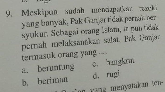 Soal di buku pelajaran sebut Ganjar tidak pernah bersyukur, Selasa (9/2/2021).