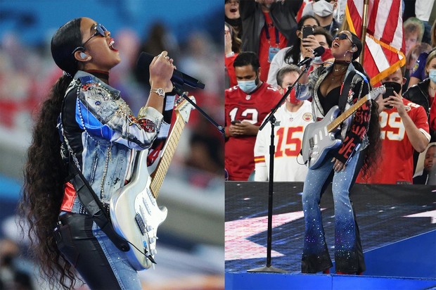 Aksi penyanyi H.E.R dalam Superbowl Halftime Show 2021/Sumber/VanityFair. Aksi penyanyi H.E.R dalam Superbowl Halftime Show 2021.