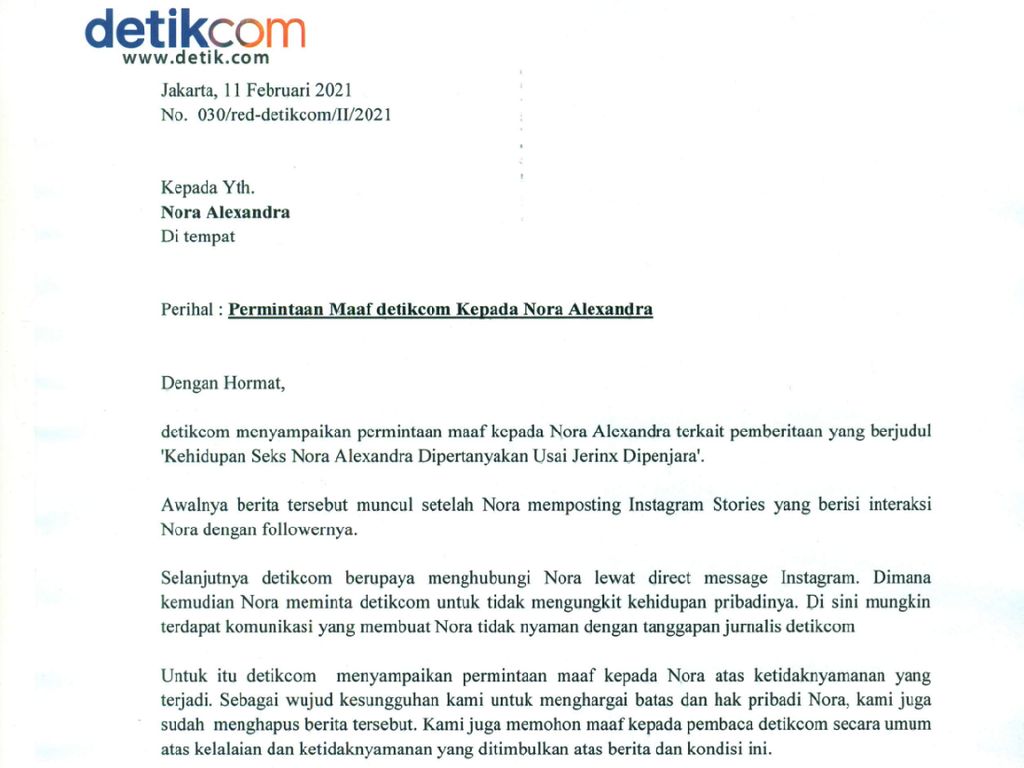 Permintaan Maaf detikcom kepada Nora Alexandra Permintaan Maaf detikcom kepada Nora Alexandra