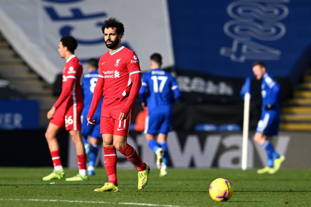 LEICESTER, ENGLAND - FEBRUARY 13: Mohamed Salah of Liverpool looks dejected after his team concede during the Premier League match between Leicester City and Liverpool at The King Power Stadium on February 13, 2021 in Leicester, England. Sporting stadiums around the UK remain under strict restrictions due to the Coronavirus Pandemic as Government social distancing laws prohibit fans inside venues resulting in games being played behind closed doors. (Photo by Michael Regan/Getty Images)