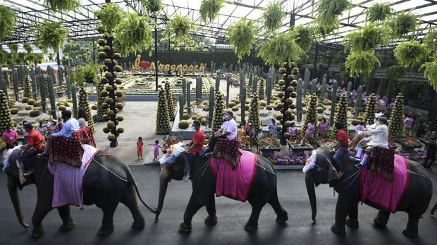 Couples ride elephants during a Valentine's Day celebration at the Nong Nooch Tropical Garden in Chonburi province, Thailand, February 14, 2021. REUTERS/Chalinee Thirasupa